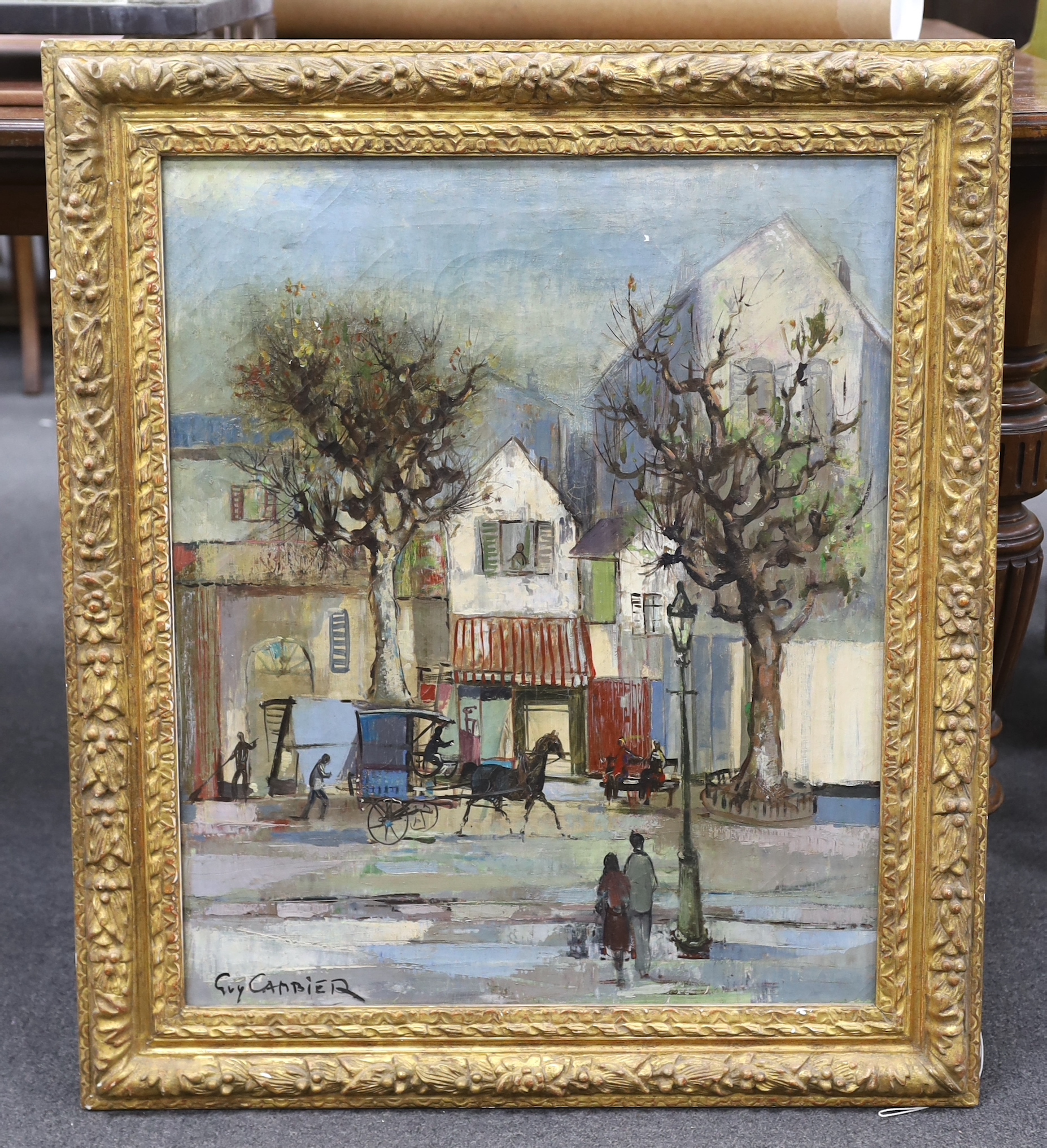 Guy Cambler (1923-2008), oil on canvas, Street scene with horse and carriage, signed, 63 x 52cm